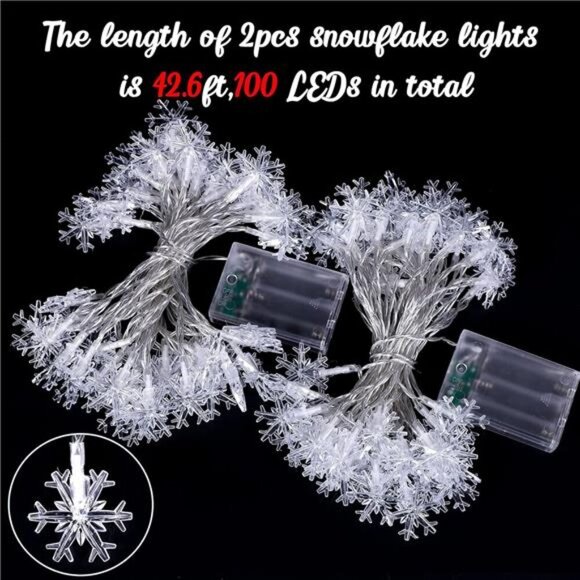 2 Packs 100 LED Christmas Snowflake String Lights Hanging Decorations - Picture 5 of 8